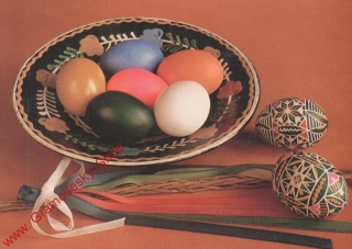 Pohlednice, velikonoční pozdrav, malovaný talíř, kraslice, prošlo poštou, 1986