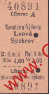 40891 Kartonové vlakové jízdenky, Lvová, Sychrov, 01.05.1985