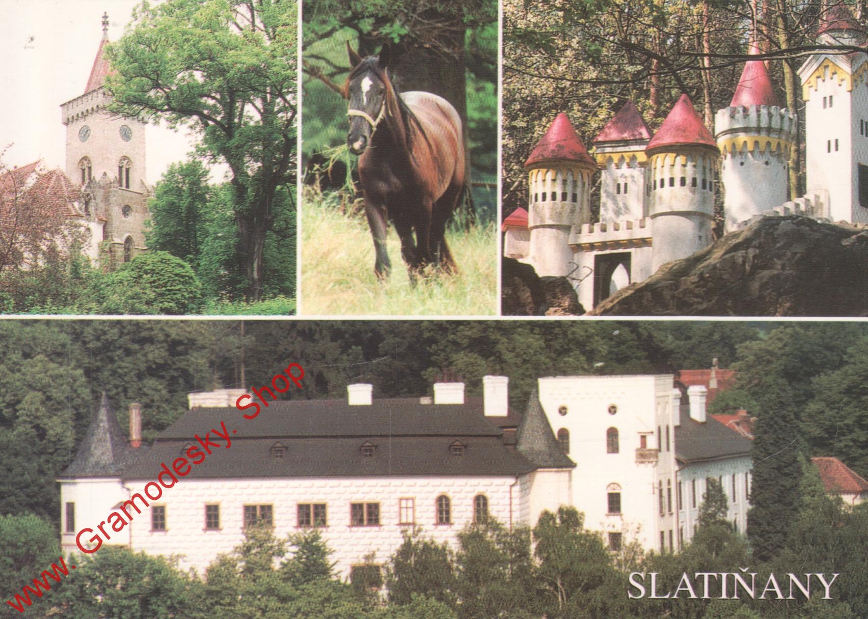 Pohlednice, Slatiňany, zámek, Kočičí hrádek, kostel sv. Martina, čistá