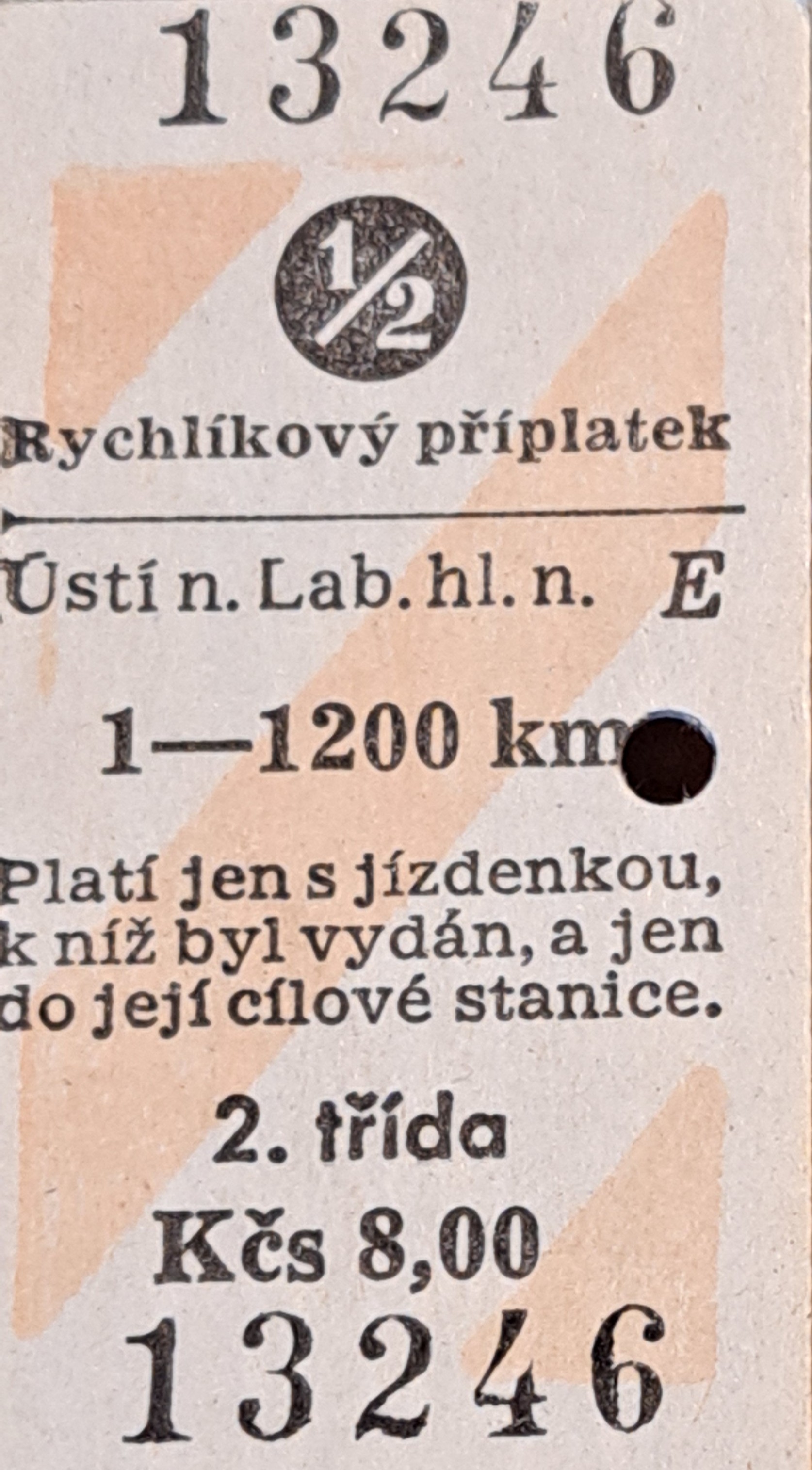 13246 Kartonové vlakové jízdenky, rychlíkový příplatek, 05.03.1986