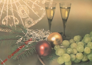 Pohlednice Radostné vánoce, sklenice, hroznové víno, prošlo poštou