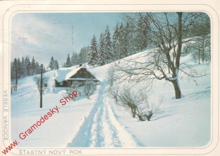 Pohlednice, veselé vánoce a šťastný nový rok, zimní krajina, prošlo poštou