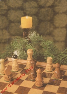 Pohlednice, veselé vánoce, šachovnice se svíčkou, prošlá poštou