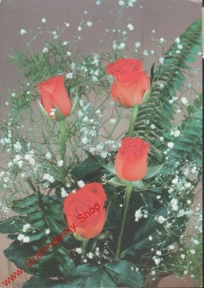 Pohlednice, čtyři růže ve svatebním závoji, prošlá poštou