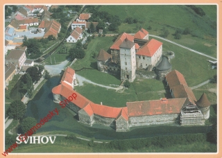 Pohlednice, Vodní zámek Švihov, letecký pohled, s razítkem, čistá