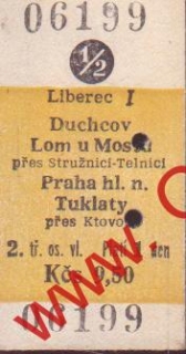 06199 Kartonová vlaková jízdenka, Liberec, Duchcov, Praha hl. n. 19.9.1985
