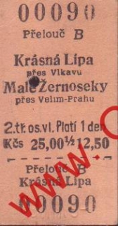 00090 Kartonová vlaková jízdenka, Krásná Lípa, Malé Žernoseky 6.8.1984