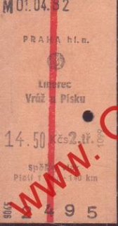 02495 Kartonová vlaková jízdenka, Praha hl.n., Liberec, Vráž u Písku, 01.04.1982