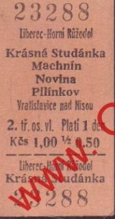 23288 Kartonová vlaková jízdenka, Liberec Horní Růžodol, Kr. Studánka, 30.3.1985