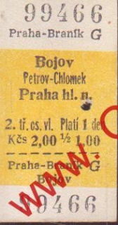 99466 Kartonová vlaková jízdenka, Praha Bráník, Bojov, Petrov Chlomek 14.04.1985