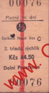 00076 Kartonová vlaková jízdenka, Spišská Nová Ves, Dolní Poustevna, 25.08.1984 