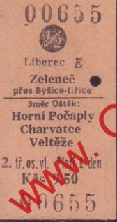 00655 Kartonová vlaková jízdenka, 1/2 Liberec, Zeleneč, Horní Počáply 24.10.1982