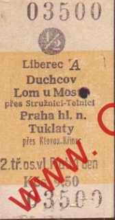 03500 Kartonová vlaková jízdenka, 1/2 Liberec, Duchcov, Lom u Mostu, 7.11.1982