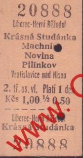 20888 Kartonová vlaková jízdenka, Liberec Horní Růžodl, Pilinkov, 23.4.1984