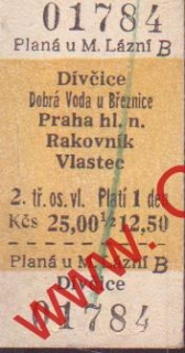01784 Kartonová vlaková jízdenka, Planá u Mariánských lázní, Dívčice, 15.05.1983