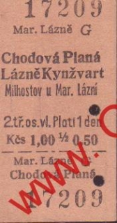 17209 Kartonová vlaková jízdenka, Mariánské Lázně, Chodová Planá, 19.06.1982