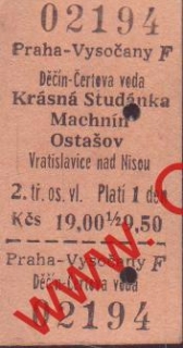 02194 Kartonová vlaková jízdenka, Praha Vysočany, Machnín, Ostašov, 21.09.1984