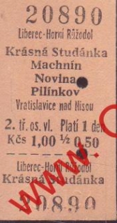 20890 Kartonová vlaková jízdenka, Liberec Horní Růžodol, Machnín, 23.04.1984