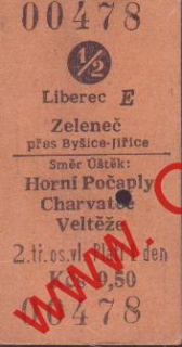 00478 Kartonová vlaková jízdenka, 1/2 Liberec, Horní Počáply, Zeleneč, 30.5.1982