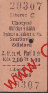 29307 Kartonová vlaková jízdenka, Liberec Chotyně, Zdislava, 22.04.1984