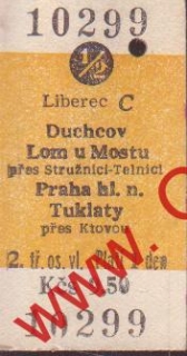 10299 Kartonová vlaková jízdenka, Liberec, Duchcov, Tuklaty, 24.03.1984