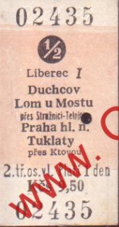 02435 Kartonová vlaková jízdenka, Liberec, Duchcov, Tuklaty, 23.05.1982 1/2