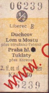 06239 Kartonová vlaková jízdenka, Liberec, Duchcov, Tuklaty, 13.04.1983 1/2