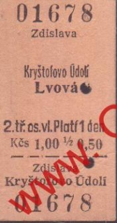 01678 Kartonová vlaková jízdenka, Zdislava, Kryštofovo údolí, Lvová 23.07.1983