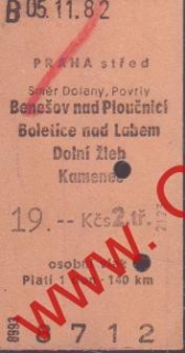 08712 Kartonová vlaková jízdenka, Praha střed, Benešov nad Ploučnicí, 05.11.1982