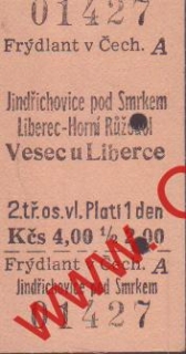 01427 Kartonová vlaková jízdenka, Trýdlant v Čech. Vesec u Liberce, 08.09.1985