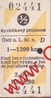 02441 Kartonová vlaková jízdenka, Rychlíkový příplatek 1/2, 17.01.1985
