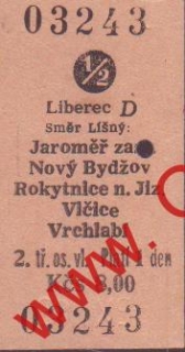 03243 Kartonová vlaková jízdenka, Liberec, Jaroměř, Vrchlabí, 15.12.1985