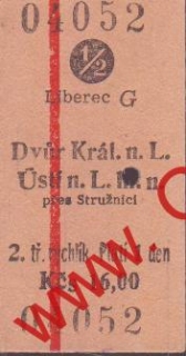 04052 Kartonová vlaková jízdenka, Dvůr Králové nad L., Ústí nad L., 14.10.1985