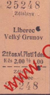 25248 Kartonová vlaková jízdenka, Zdislava, Velký Grůnov, Liberec, 1986