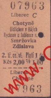 07963 Kartonová vlaková jízdenka, Liberec, Chotyně, Smržovka, 23.05.1985