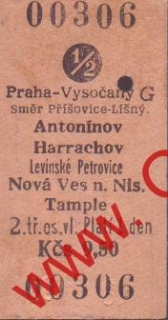 00306 Kartonová vlaková jízdenka, Praha Vysočany, Antonínov, Tample, 19.03.1982 