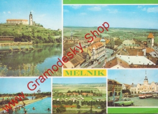 Pohlednice Mělník, zámek, koupaliště autokemping, náměstí / prošla poštou 1983