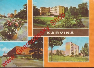 Pohlednice Karviná, OD Dior, Staré náměstí, Lázně Darkov, prošlá poštou 1977