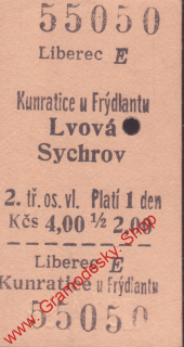 55050 Kartonová vlaková jízdenka, Liberec, Kunratice u Frýdlantu, 06.04.85