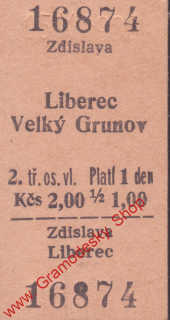 16874 Kartonová vlaková jízdenka, Zdislava, Liberec, 15.10.1985