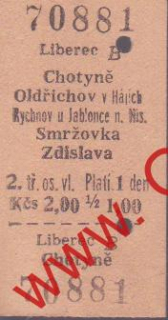 70881 Kartonová vlaková jízdenka, Liberec, Chotyně, 07.09.1985