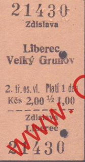 21430 Kartonová vlaková jízdenka, Zdislava, Liberec, 01.01.1985