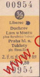 00954 Kartonová vlaková jízdenka, Liberec, Duchcov, 04.06.1985