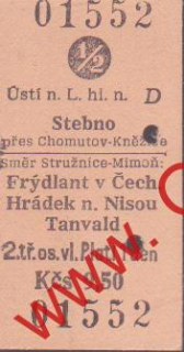 01552 Kartonová vlaková jízdenka, Ústí nad Labem, Stebno, 13.02.1986