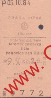 00772 Kartonová vlaková jízdenka, Praha střed, Liberec, 05.10.1984