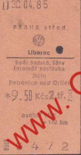 09472 Kartonová vlaková jízdenka, Praha střed, Liberec, 30.04.1985