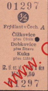 01297 Kartonová vlaková jízdenka, Frýdlant v Čech. Čížkovice, 24.09.1984