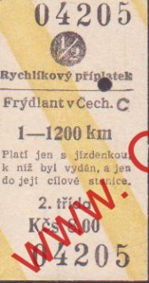 04205 Kartonová vlaková jízdenka, Rychlíkový příplatek 1-1200km, 18.11.1985