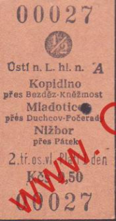 00027 Kartonová vlaková jízdenka, Ústí nad Labem, Kopidlno, 28.01.1986