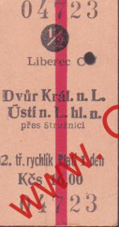 04723 Kartonová vlaková jízdenka, Liberec, Dvůr Králové nad Labem, 24.05.1983